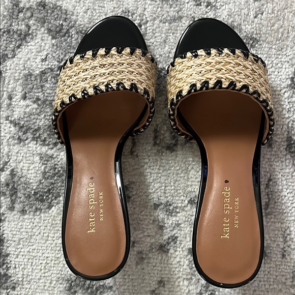 Kate Spade Seberg Black and Raffia Mules with Woven Strap and 2-1/2” Heel - Picture 4 of 4